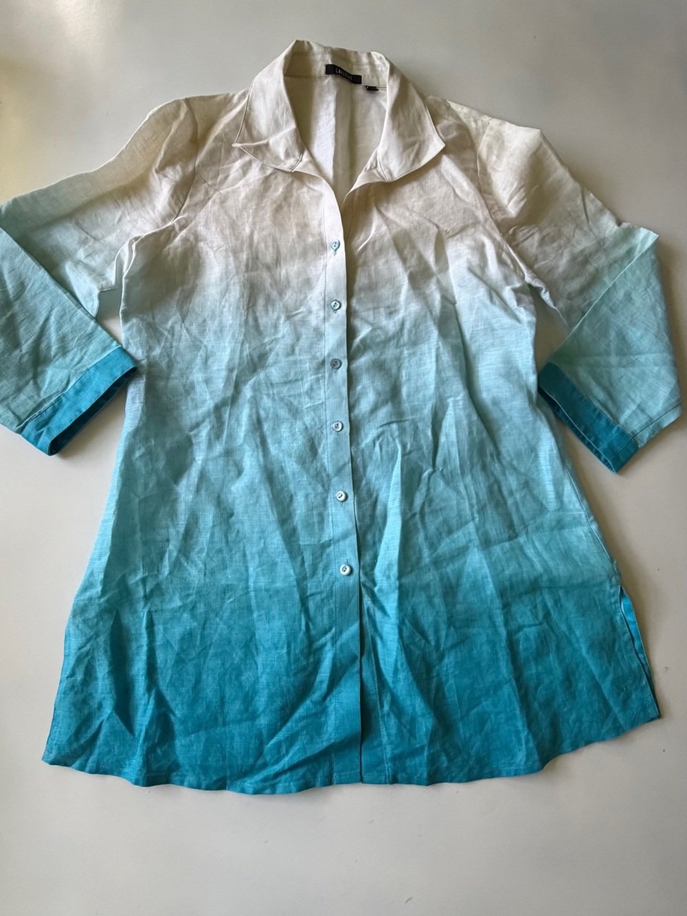 Carlisle 100% Linen Button Up Shirt Size 6 Turquoise 3/4 Sleeve Collar